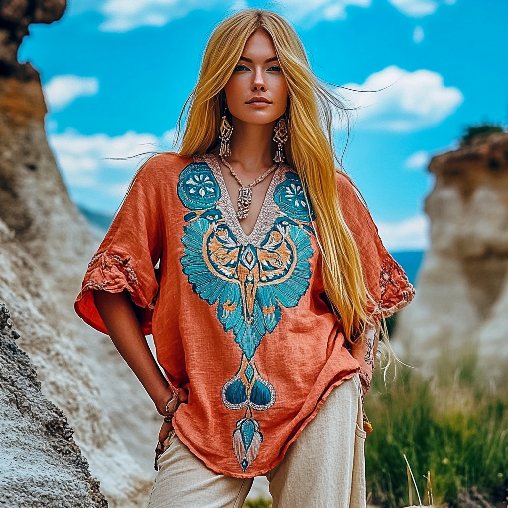 Vintage Tribal Sheep Head Embroidery Art V-neck Linen T-shirt artswardrobe