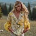 Comstylish Women's Classic Bohemian Yellow Floral Embroidery Art Long Sleeve Linen Blend T-shirt