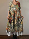 Women's Floral Art Print V-Neck Button Pocket Cotton Dress