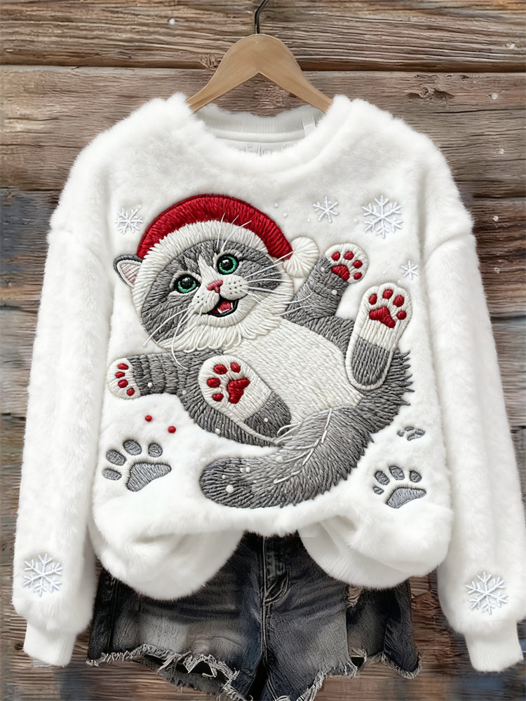 Comstylish Christmas Cat In The Snow Embroidered Cozy Plush Sweatshirt