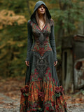 Comstylish Halloween Vintage Rose Dark Art Women's Long-sleeve Hooded Maxi Dress