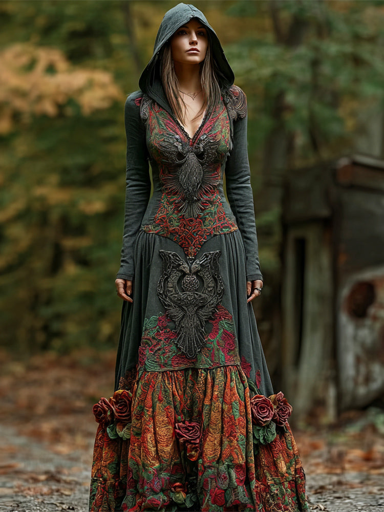Comstylish Halloween Vintage Rose Dark Art Women's Long-sleeve Hooded Maxi Dress
