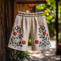 Vintage Floral Embroidered Casual Linen Shorts artswardrobe