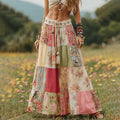 Vintage Boho Floral Patchwork Art Flowy Linen Skirt artswardrobe