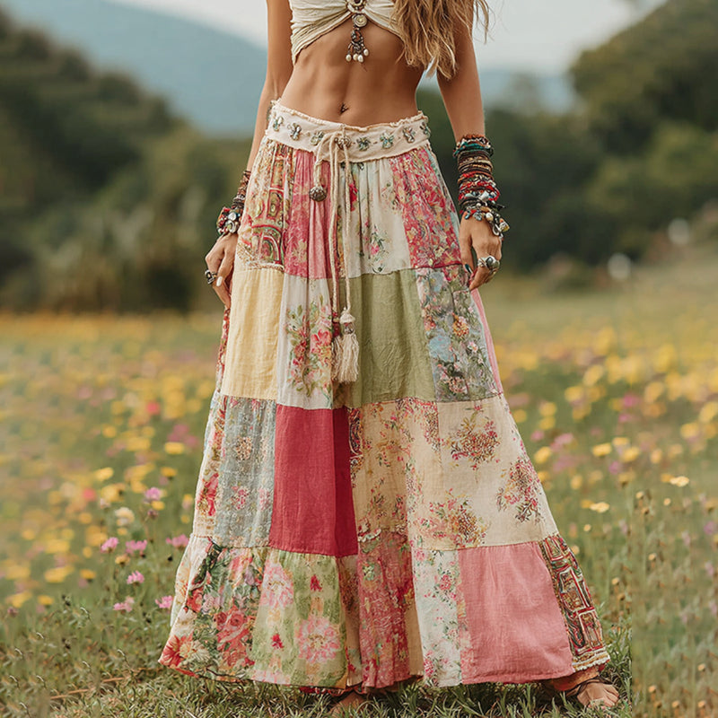 Vintage Boho Floral Patchwork Art Flowy Linen Skirt artswardrobe