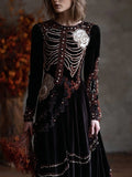 Comstylish Vintage Glitter Beads Skeleton Floral Cozy Velvet Maxi Dress