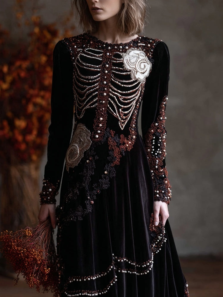 Comstylish Vintage Glitter Beads Skeleton Floral Cozy Velvet Maxi Dress