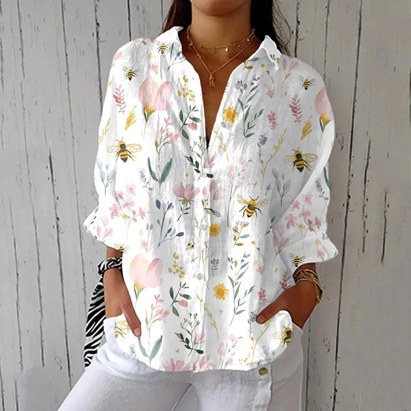 Comstylish Women's Vintage Bee Floral Art Print Casual Linen V-neck Shirt