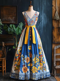 Vintage Petrykivka Folk Art Ukraine Colorblock Linen Maxi Dress artswardrobe