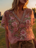 Women's Casual Retro Bohemian Embroidered Floral Print Top artswardrobe