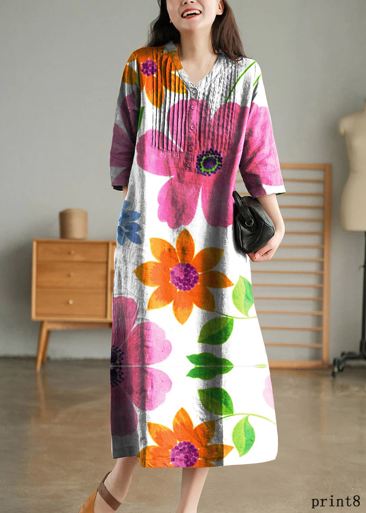 Light Green Loose Linen Long Dresses Button Half Sleeve