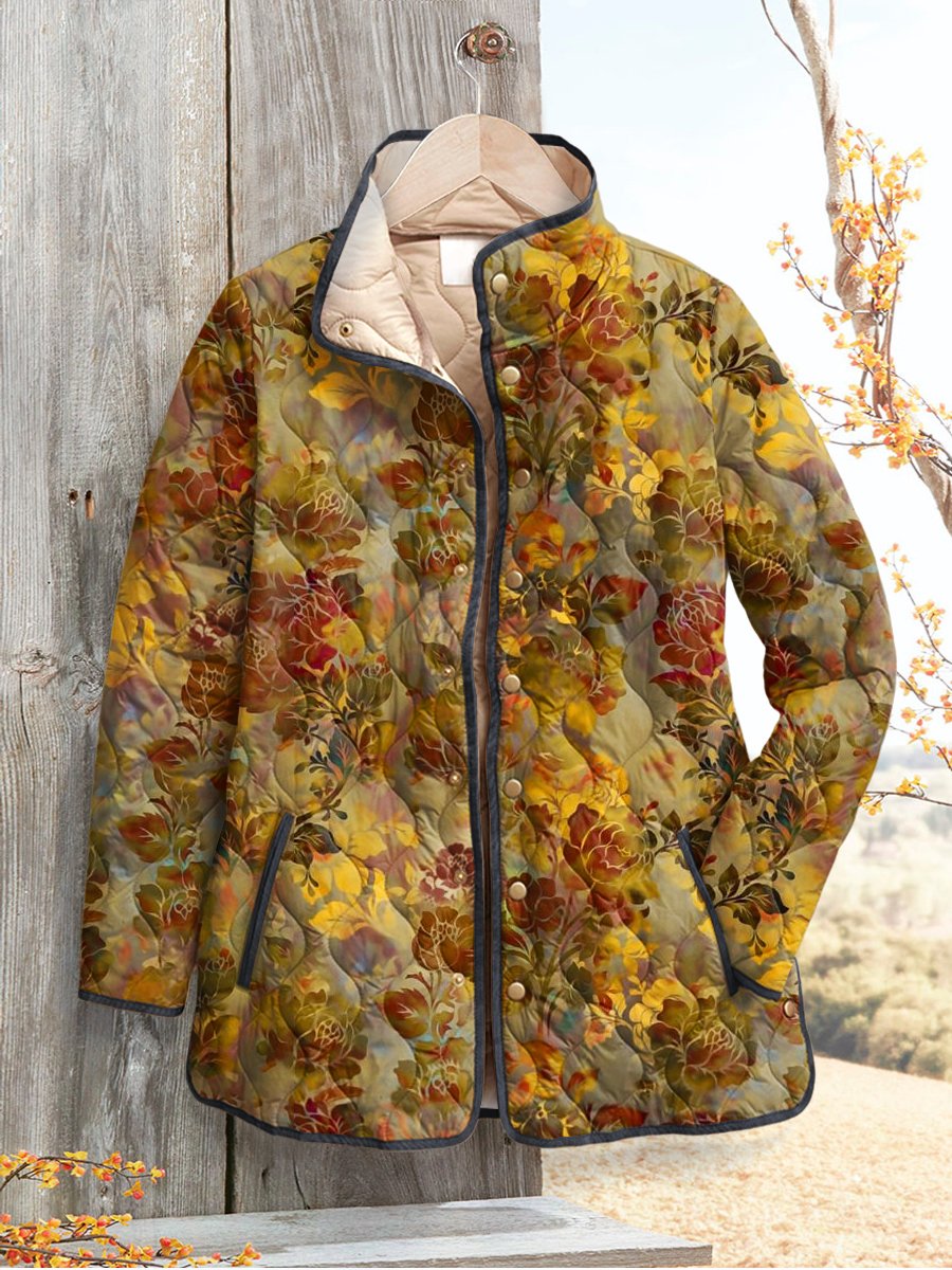 Women's Retro Floral  Art Print Casual Quilted Cardigan