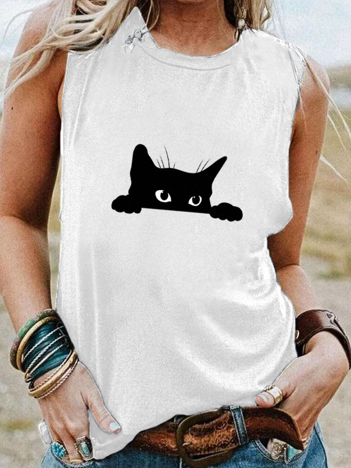 Women's Casual Black Cat Print Vest elevenforest