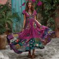 Women's Retro Flower Embroidery Patchwork Art V-neck Short Sleeve Maxi Dress artswardrobe