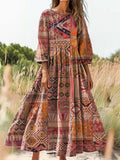 Women's Vintage Ethnic Floral Art Print Flowy Cotton Crew Neck Dress