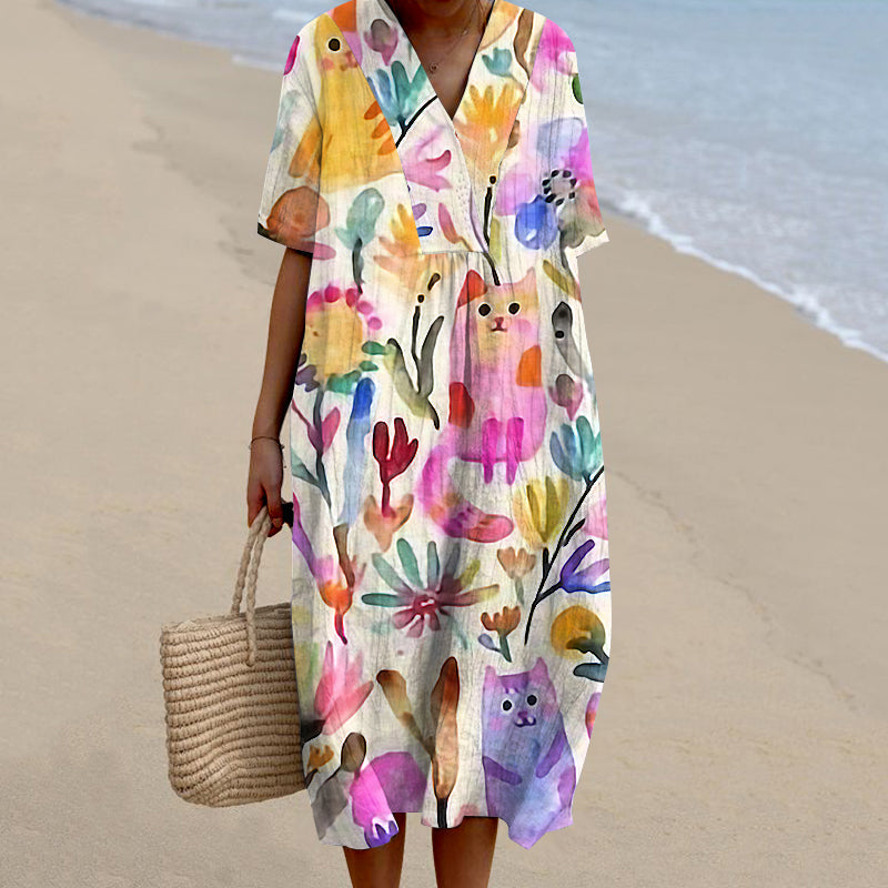 Comstylish Women's Colorful Floral And Cat Art Dress