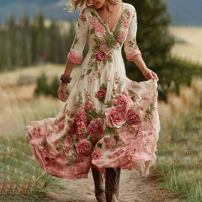 Women's Vintage Rose Floral Art V Neck Linen Blend Comfy Maxi Dress artswardrobe