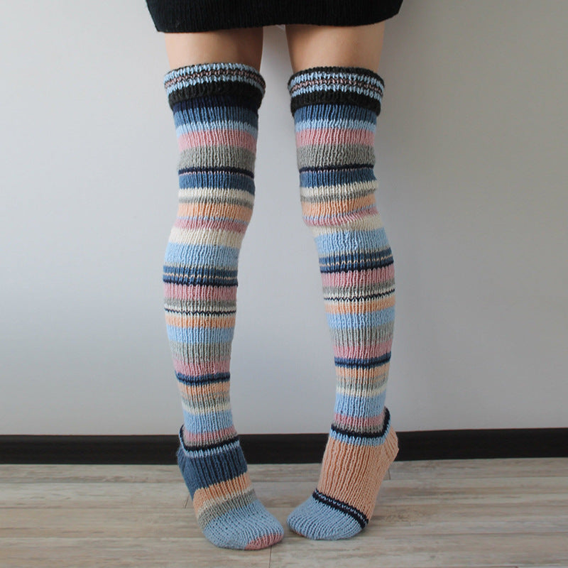 Striped Over The Knee Knitted Pile Socks elevenforest