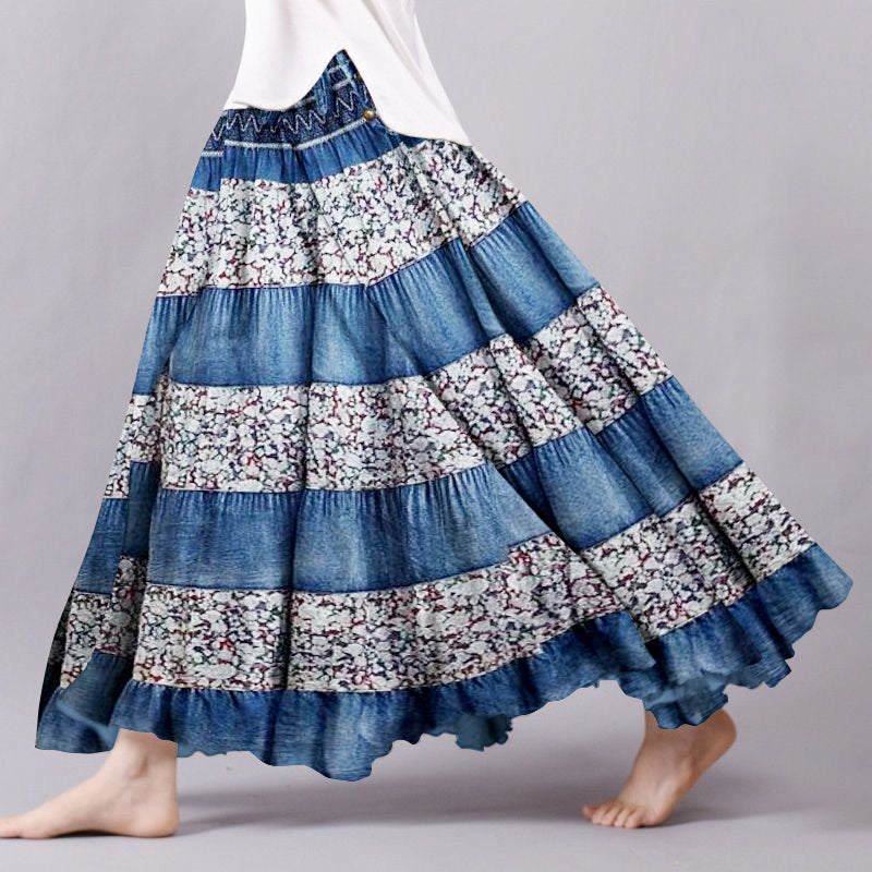 Vintage Bohemian Floral Patchwork Linen Skirt artswardrobe