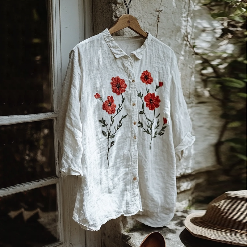 Vintage Floral Embroidery Art Lapel Button Loose Blouse artswardrobe