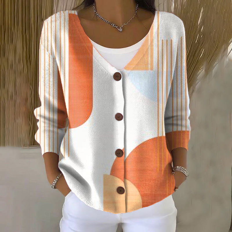 Comstylish Vintage Abstract Geometry Art Print Buttoned V-neck Cardigan Sweater