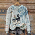 Comstylish Japanese Art Cat & Bamboo Embroidered Cozy Plush Sweatshirt