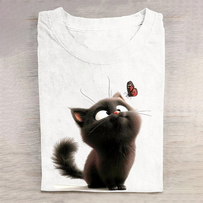 Comstylish Funny Cat Print Loose Crew Neck Casual T-Shirt