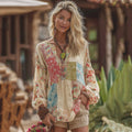 Women's Classy Boho Patchwork Floral Embroidered Linen Art Casual Shirt artswardrobe