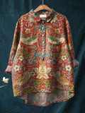 Vintage Ethnic Lovely Birds Floral Art Print Casual Cotton And Linen Shirt