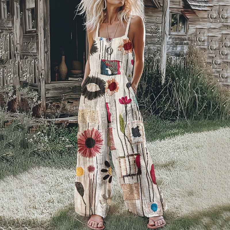 Women's Floral Patchwork Linen Print Linen Retro Jumpsuit artswardrobe