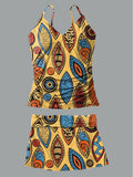 Women's V-Neck Vintage Pattern Print Suspender Skirt Tankini Pantskirt Set Swimsuit