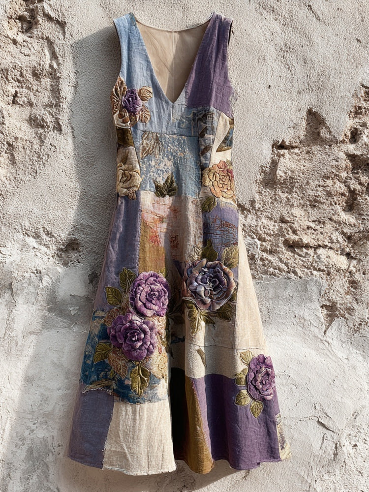 Purple Roses Embroidered Patchwork Linen Midi Dress artswardrobe