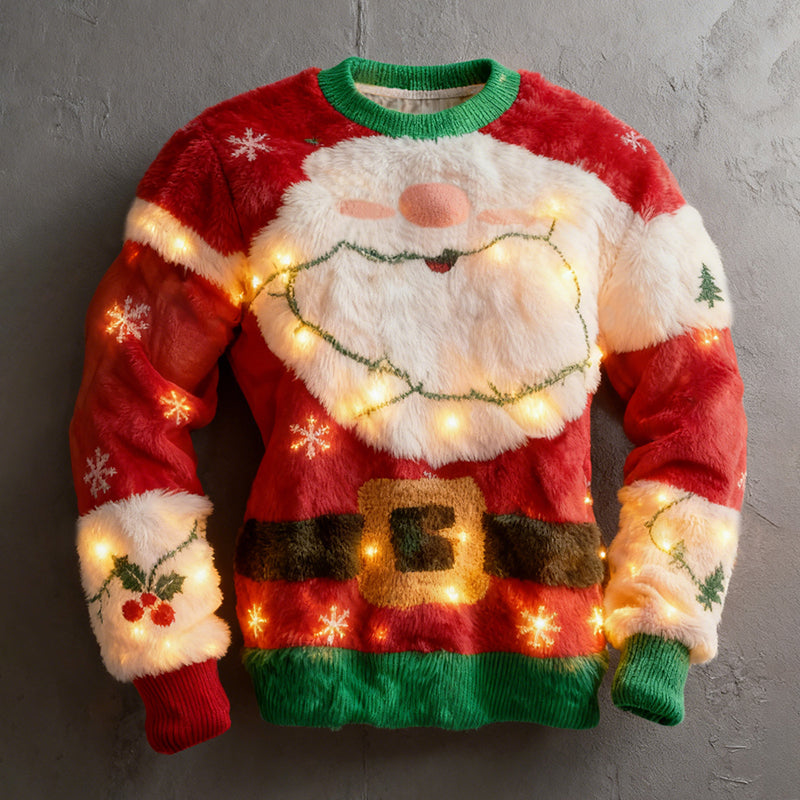 Comstylish Men's Fun Santa Claus And Fairy Lights Comfortable Crew Neck Plush Sweatshirt