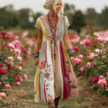 Women's Vintage Rose Floral Art Patchwork Comfy Maxi Dress artswardrobe