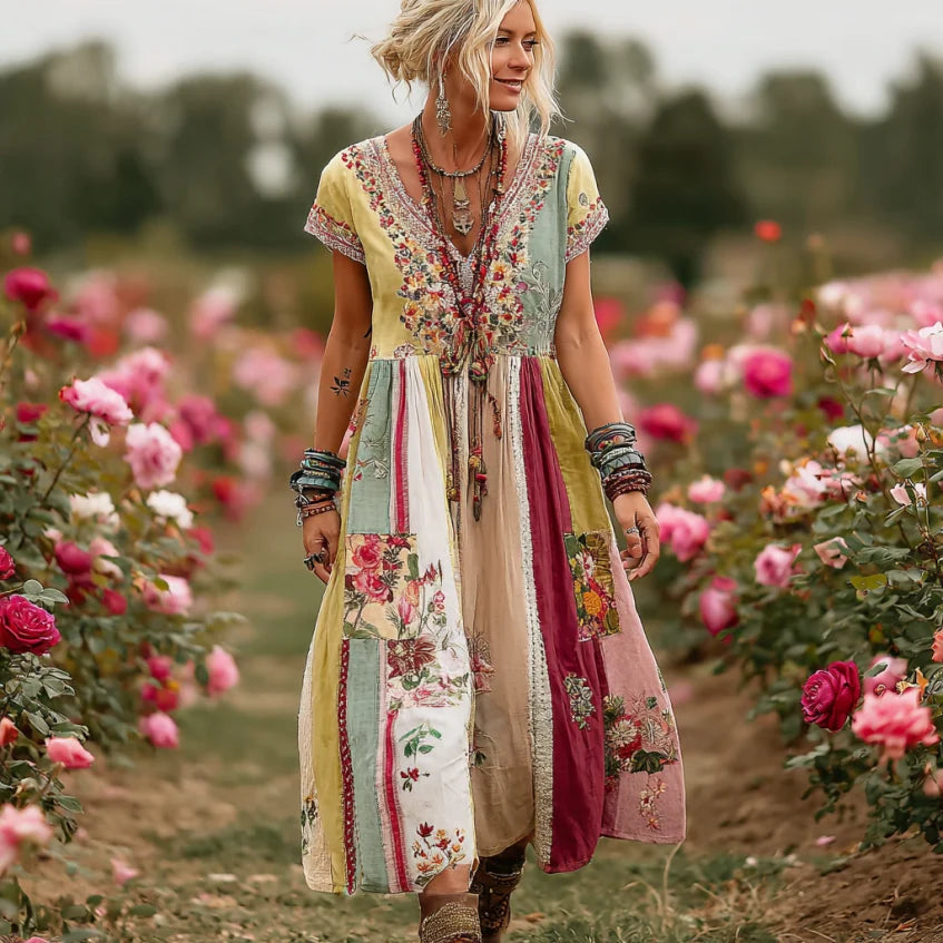 Women's Vintage Rose Floral Art Patchwork Comfy Maxi Dress artswardrobe