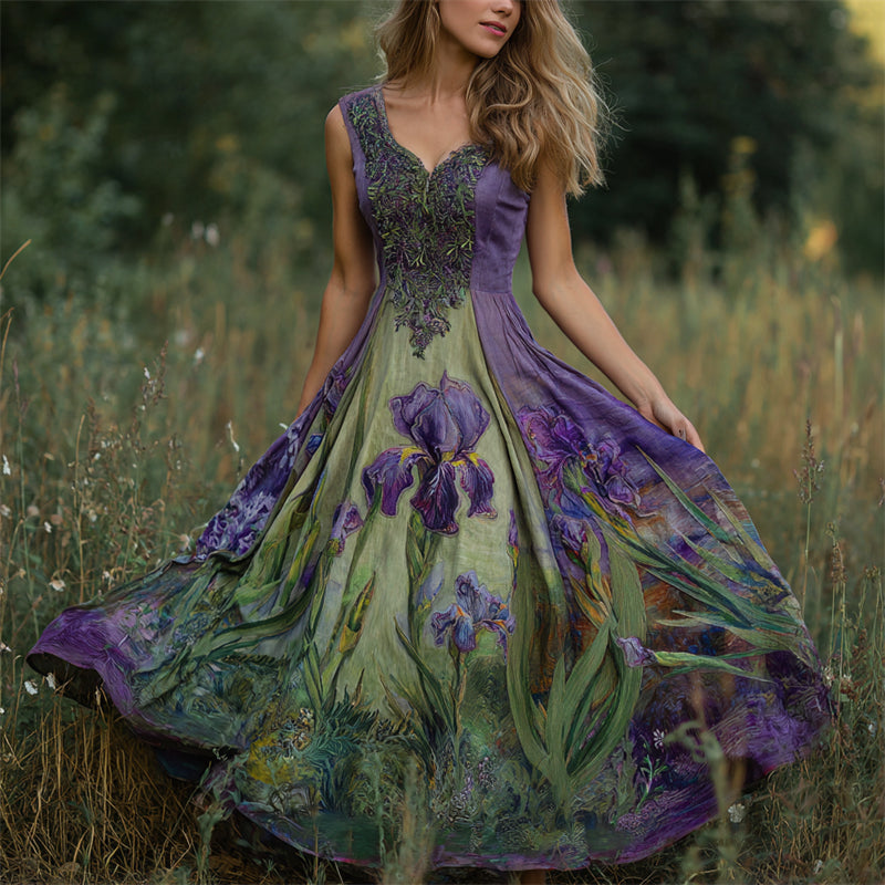 Oil Painting Purple Irises Embroidered Linen Maxi Dress