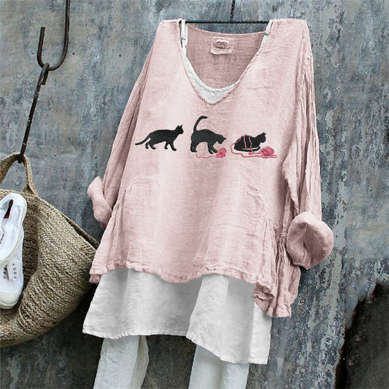 Comstylish Black Cats With Pink Yarn Balls Embroidered Linen Tunic
