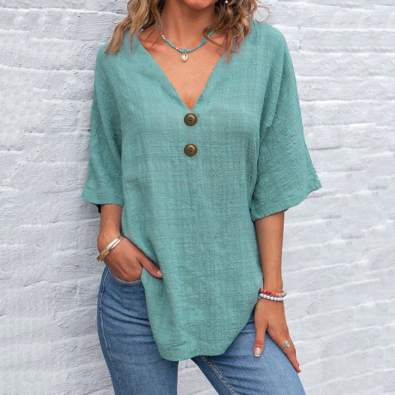 Women's Solid Color Button Linen V-neck T-shirt artswardrobe