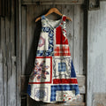 Vintage Independence Day American Geometry Floral Linen Tank Dress artswardrobe