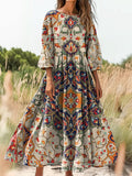 Women's Vintage Ethnic Floral Art Print Flowy Cotton Crew Neck Dress