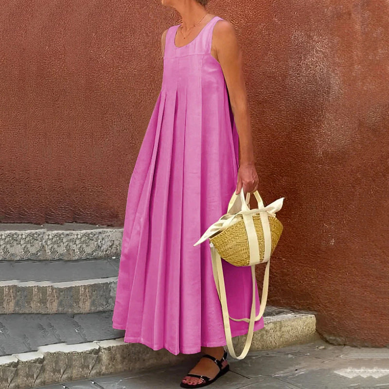 Women's Simple Wrinkled Solid Cotton And Linen Sleeveless Loose Long Dress artswardrobe