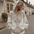 Comstylish Women's Vintage Pink Flower Embroidery Art Long Sleeve Casual Hoodie