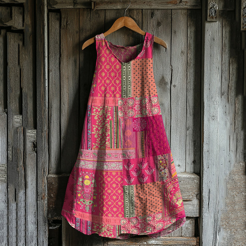 Vintage Floral Patchwork Art Linen Blend Tank Dress artswardrobe