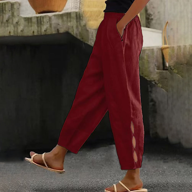 Women's Vintage Hollow Design Solid Color Linen Casual Pants artswardrobe