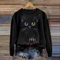 Abstract Creative Cute Black Cat Print Crew Neck Casual Sweatshirt elevenforest