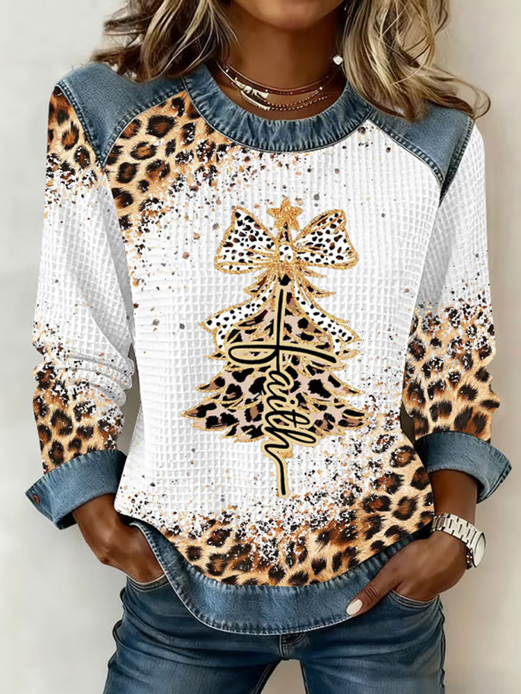 Comstylish Women's Faith Christmas Print Patchwork Crew Neck Sweatshirt