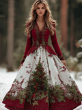 Comstylish Women's Christmas V-neck Cotton And Linen Long Dress