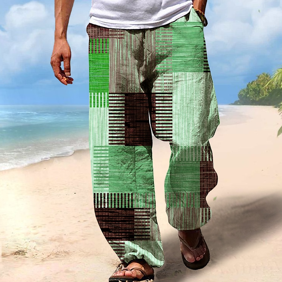 Vintage Beach Drawstring Elastic Waist Geometric Art Linen Blend Casual Pants artswardrobe