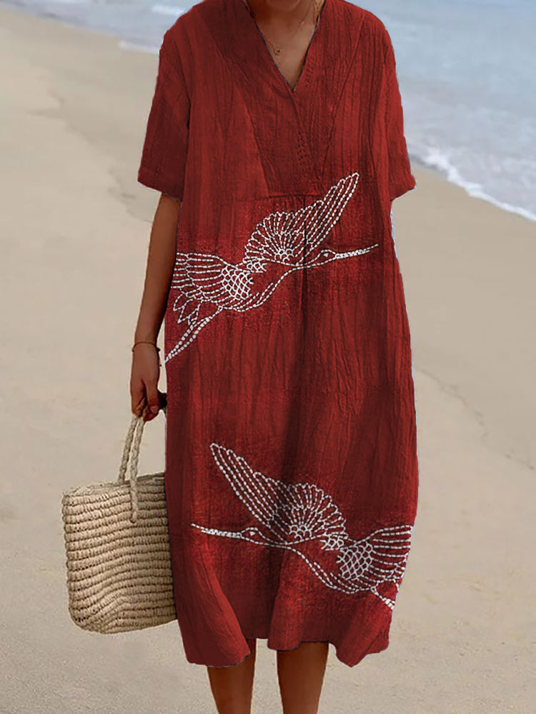 Comstylish Cranes Japanese Sashiko Embroidered Linen Blend Dress