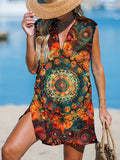 Vintage Colored Mandala Flower Women's Print Casual Cotton And Linen 3/4 Sleeve Shirt